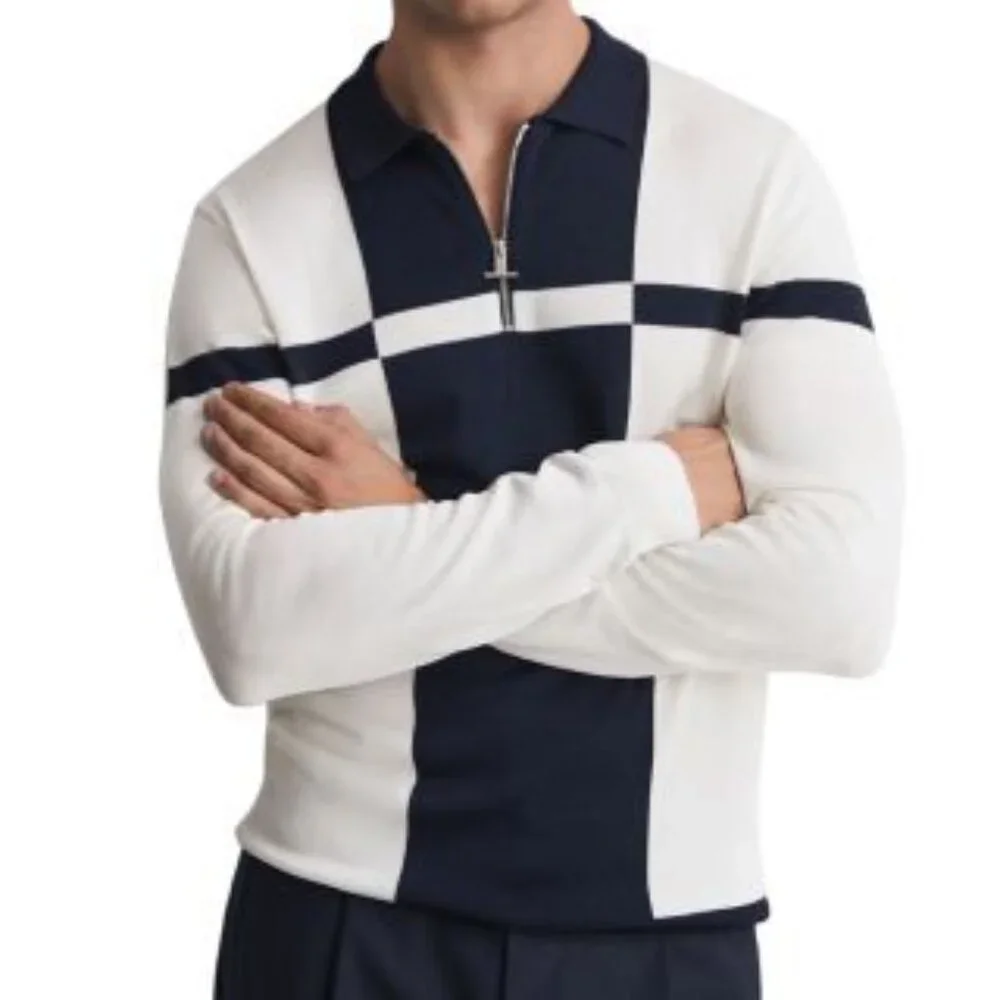 Reiss Colorblock Quarter Zip Sweater Navy Cream Retro Pullover Men’s Large